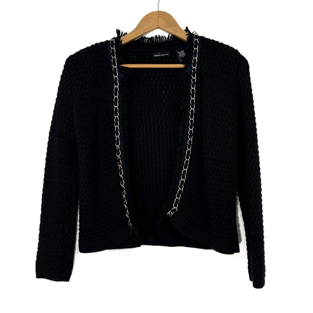 MODA International Womens Size Small Black Chain Trim Acrylic Wool Knit Cardigan